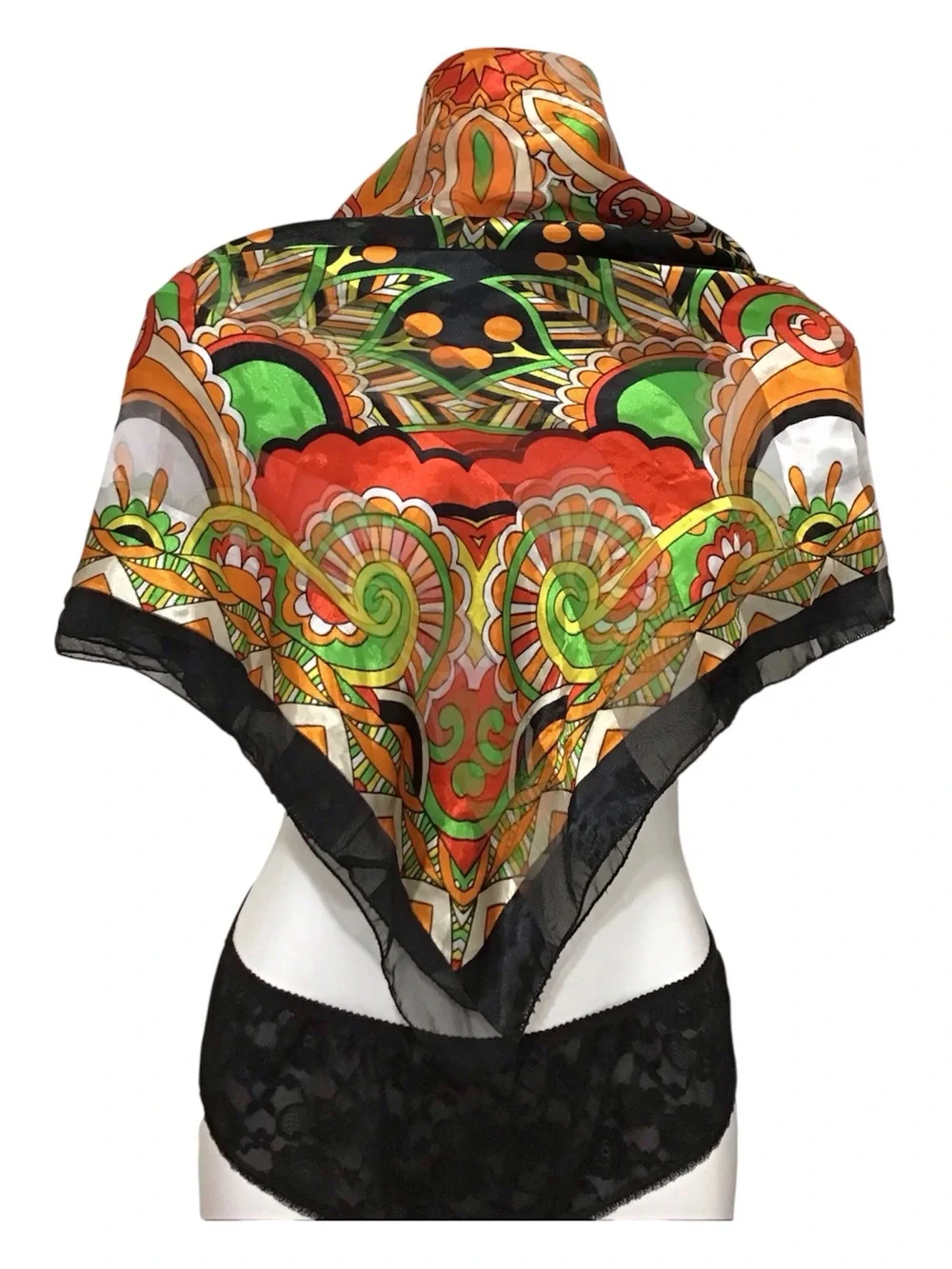 Vintage Silk Feel Polyester Vibrant Orange & Green Multicolor Print Scarf
